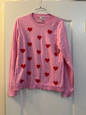 J. Crew Factory Pink Crewneck Sweater with Red Heart Pattern